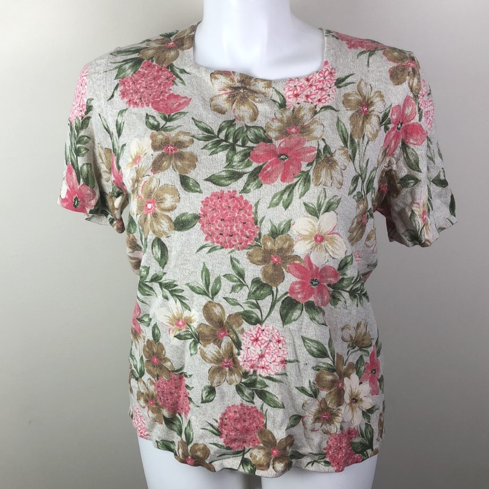 Short Sleeve Sweater Beaded Floral